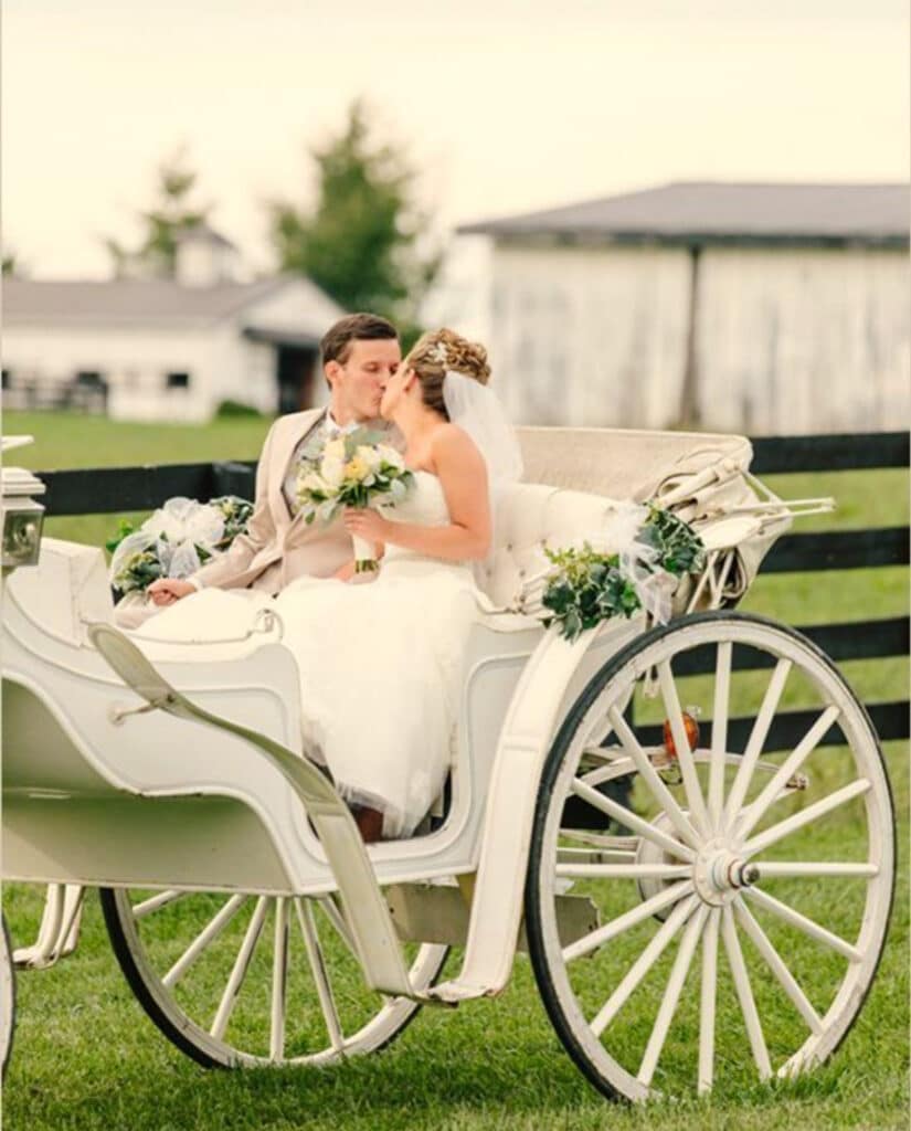 En hvid hestevogn med et nygift brudepar.